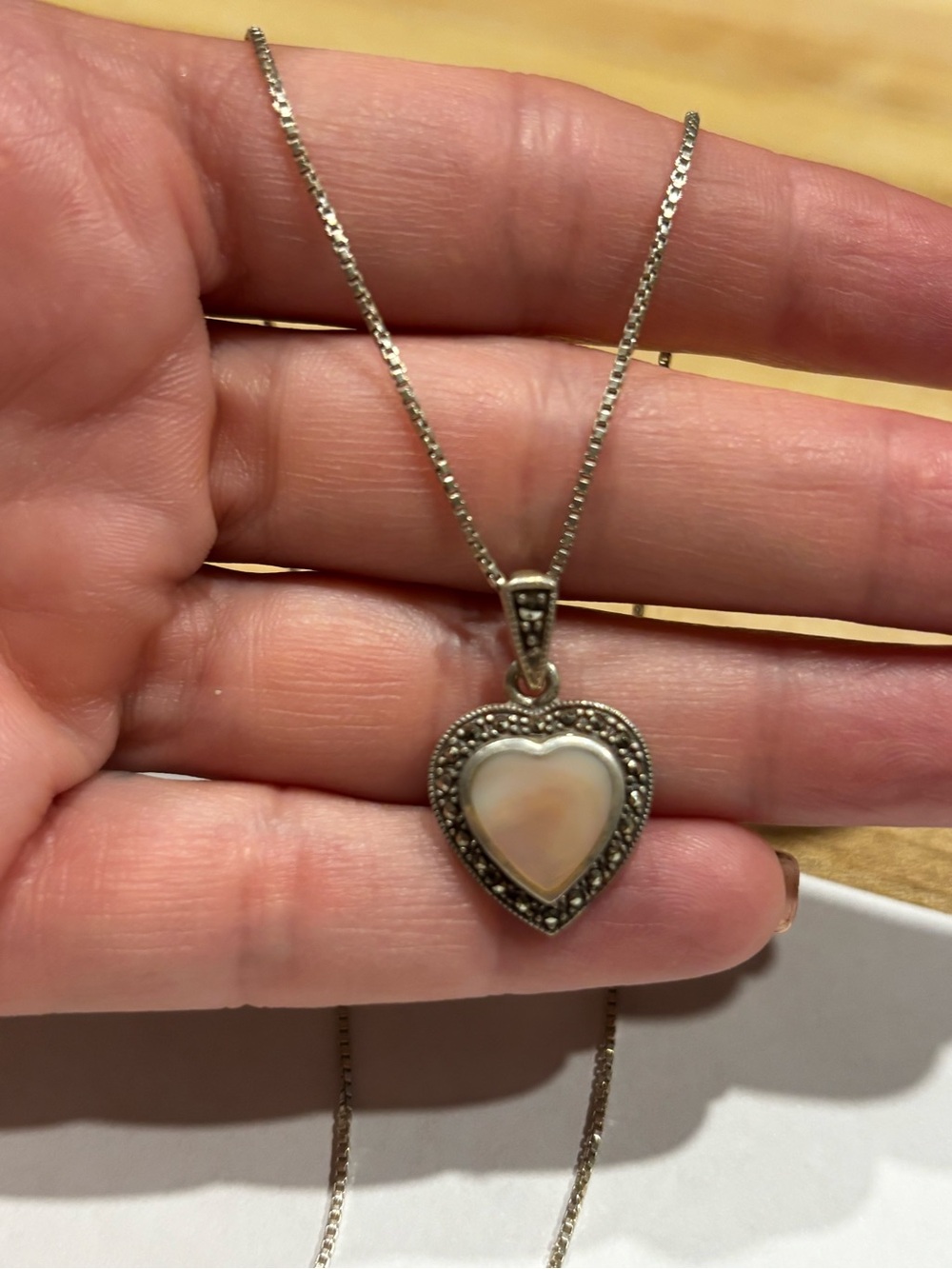 Sterling Silver Heart Pendant Necklace with Cream Mother-of-Pearl Center